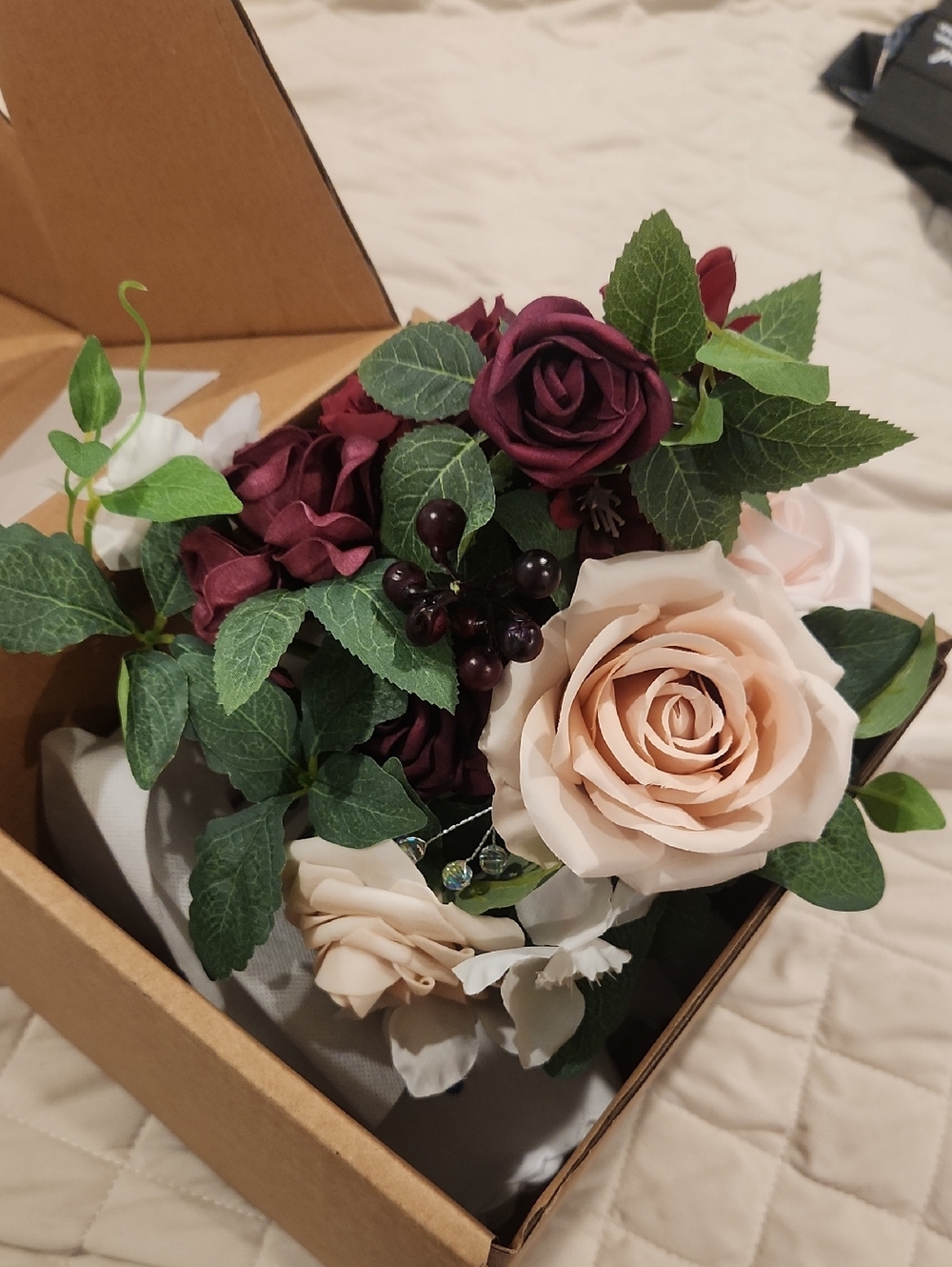 Faux Rose Bouquet in Blush and Burgundy with Lush Greenery